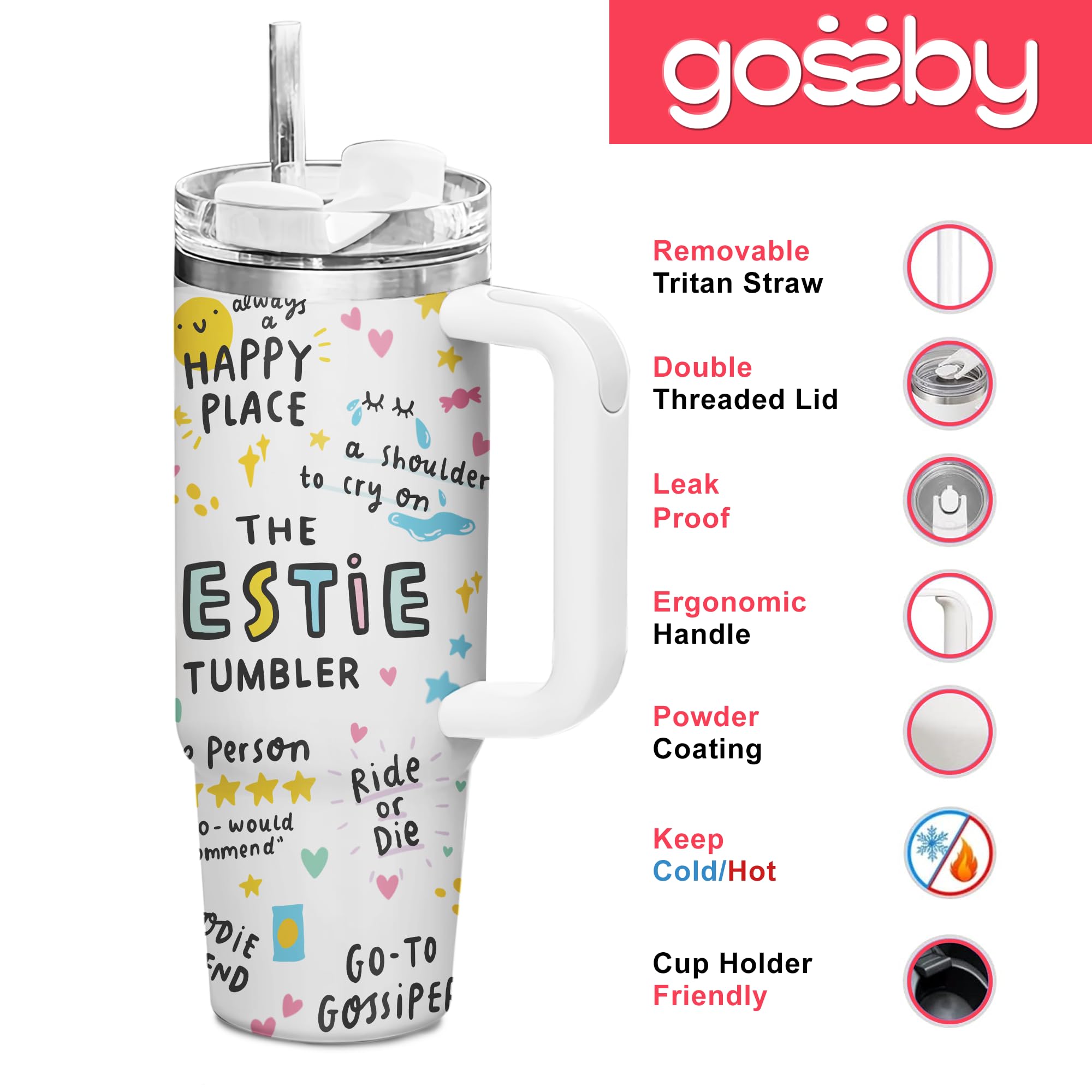 Gossby Bestie Gift for Women - 30oz THE BESTIE TUMBLER - Friend Tumbler for Women - Christmas, Birthday, Friendship Gifts - Funny Best Friend Gift - Stainless Steel Insulated Travel Mug with Handle