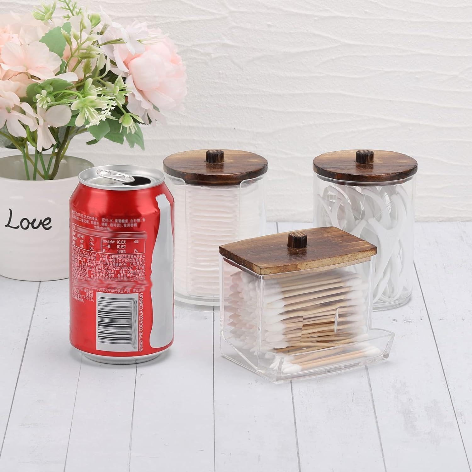 Tbestmax Bathroom Organizer Set - 3-Piece Apothecary Jar Set with Wood Lids for Q-Tips & Cotton Balls