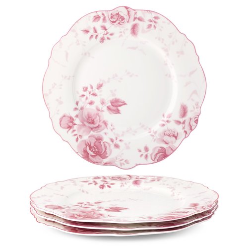 fanquare Pink Floral Dinner Plate Sets of 4, 10.5 Inch Large Round Porcelain Pasta Appetizer Steak Serving Dishes for Microwave & Dishwasher Safe