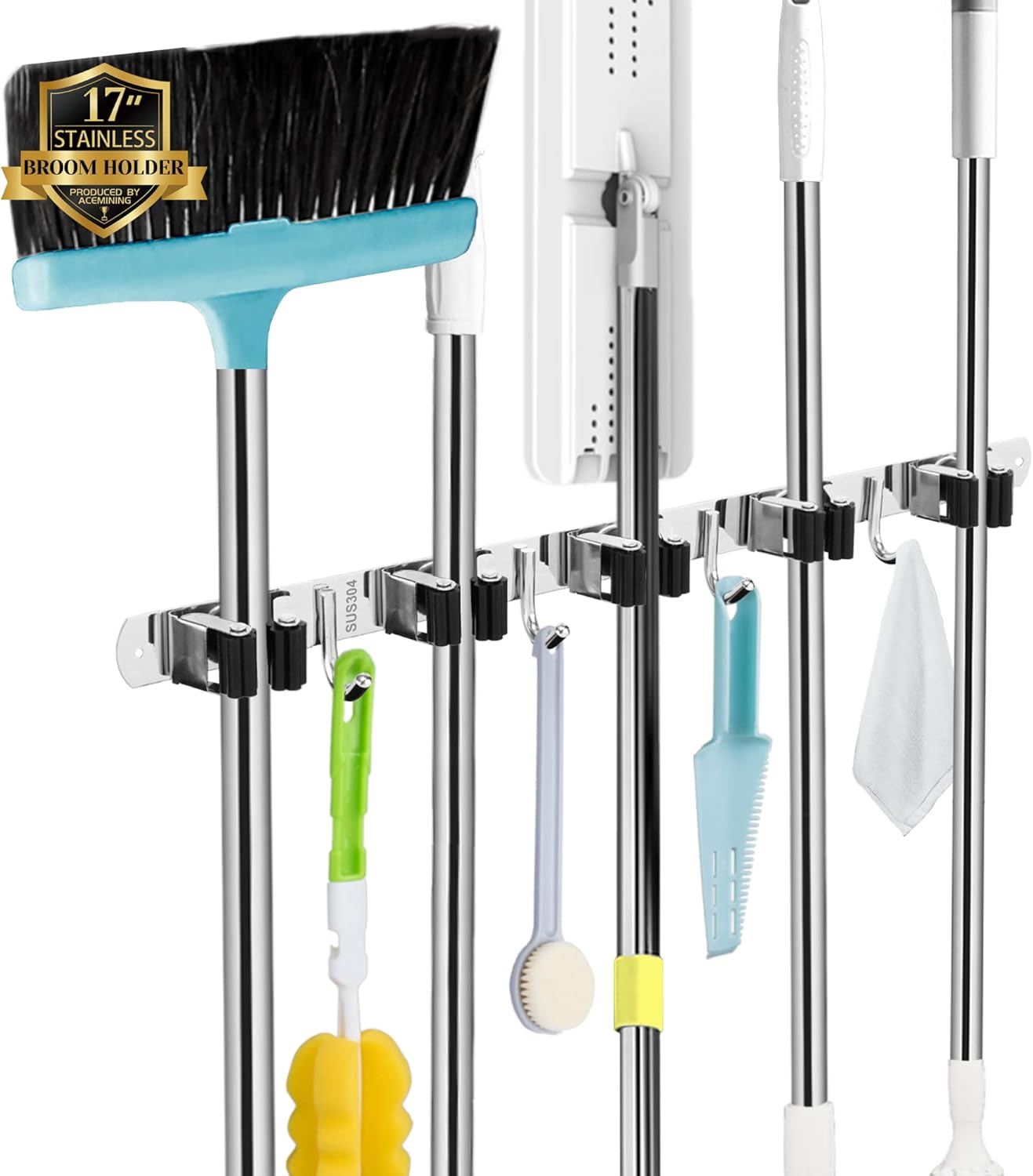 Skiennix Broom and Mop Holder - Wall Mounted Garage Organizer with 5 Racks & 4 Heavy-Duty Hooks