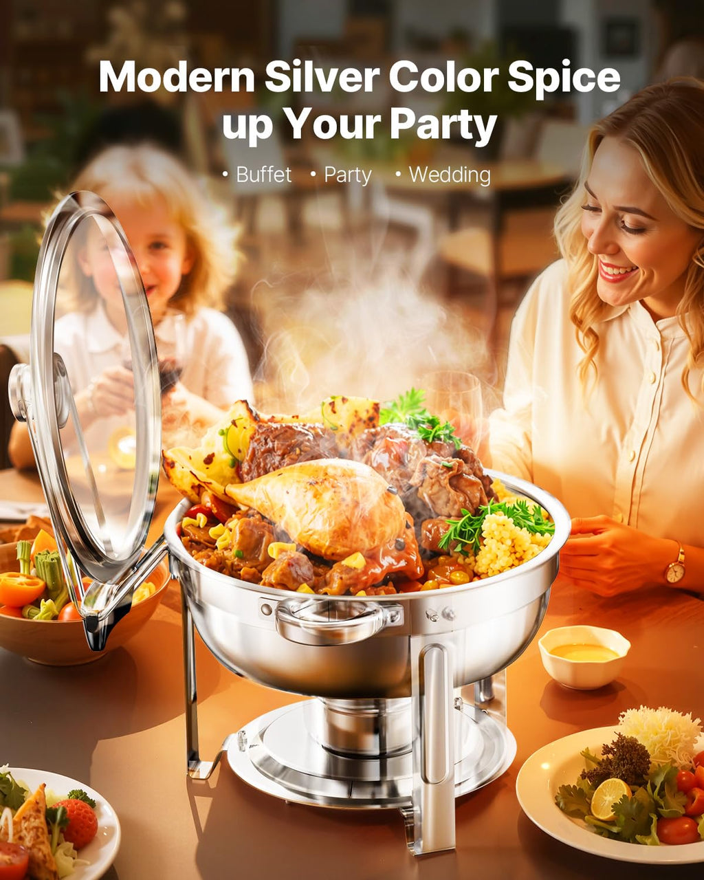 VEVOR Chafing Dish Buffet Set,5 Qt 2 Pack,Stainless Steel Chafer with 2 Full Size Pan,Round Catering Warmer Server with Glass Lid Water Pan Folding Stand Fuel Holder, for Wedding Party Banquet, Silver