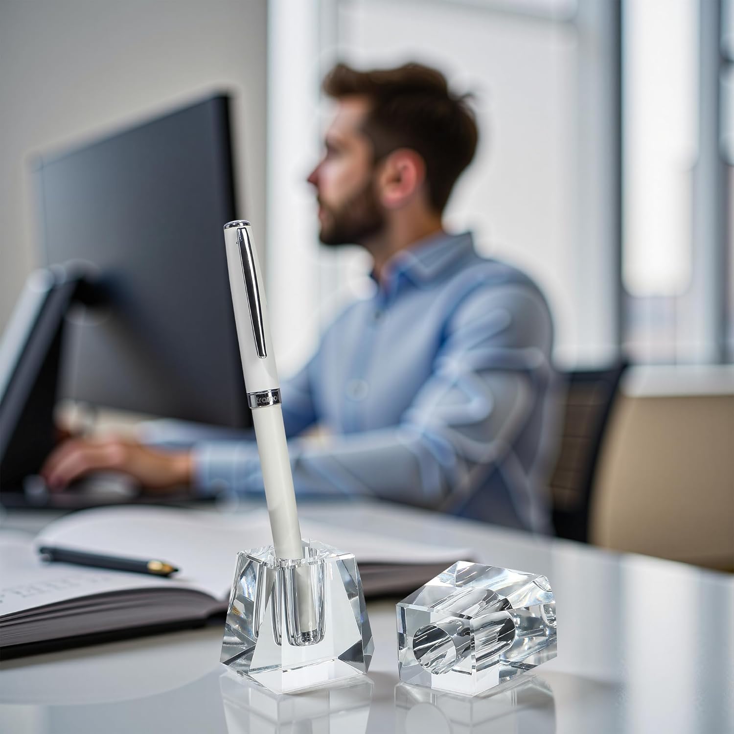 QFkris Crystal Pen Holder - Elegant 1.8" Glass Fountain Pen Stand | Perfect Gift for Office Decor