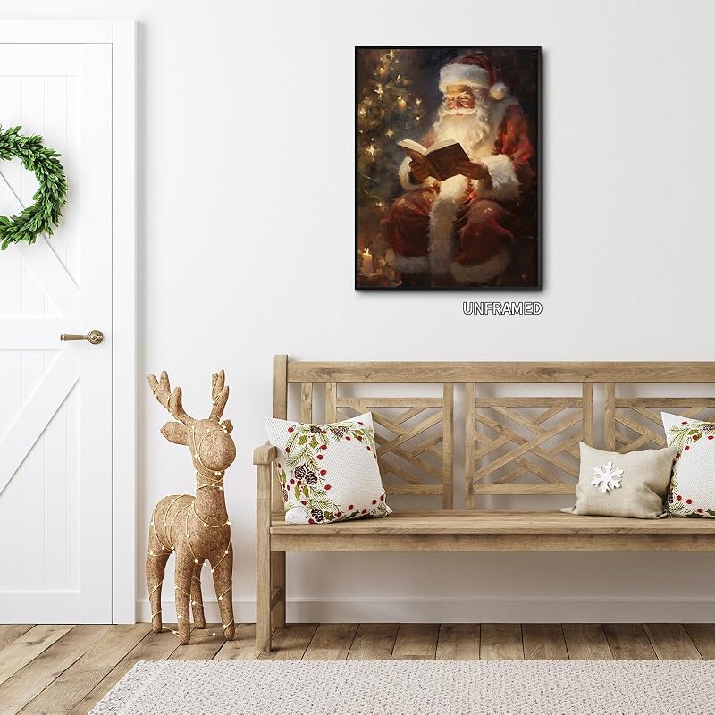 Vintage Santa Reading Canvas Wall Art – 12x16in, Unframed, Claus Variation