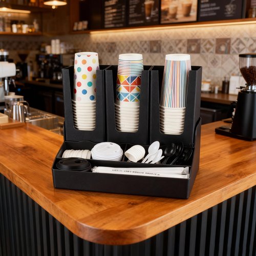 WELKOR Commercial Cup and Lid Holder with Straw Organizer,Disposable Coffee Cup Condiment Dispenser for Countertop Org, Coffee Bar, Beverage Cup, Kitchen, Breakroom (Combination Cup Holder)