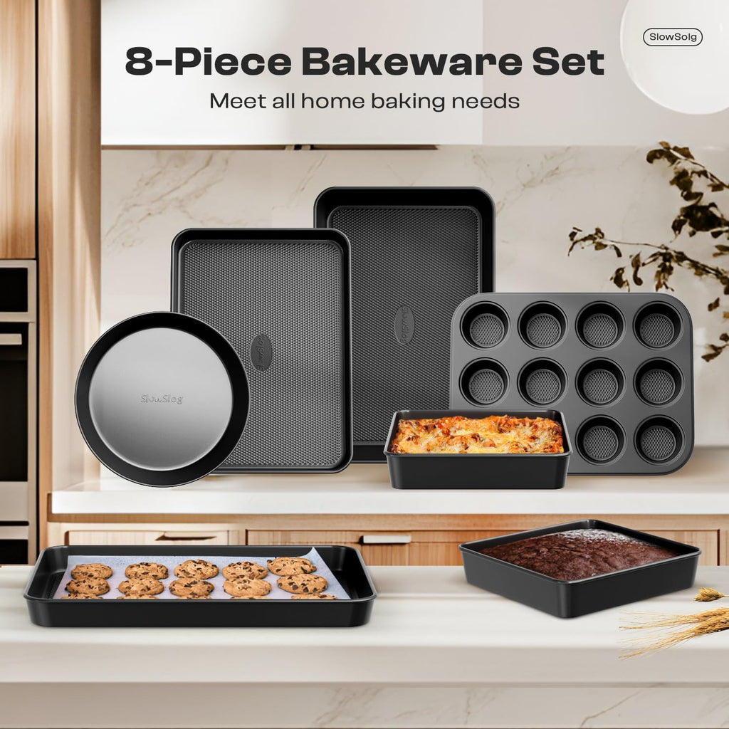 Skiennix 12-Piece Nonstick Bakeware Set - Stackable, Non-Toxic Baking Pans with Utensils & Rack | Black