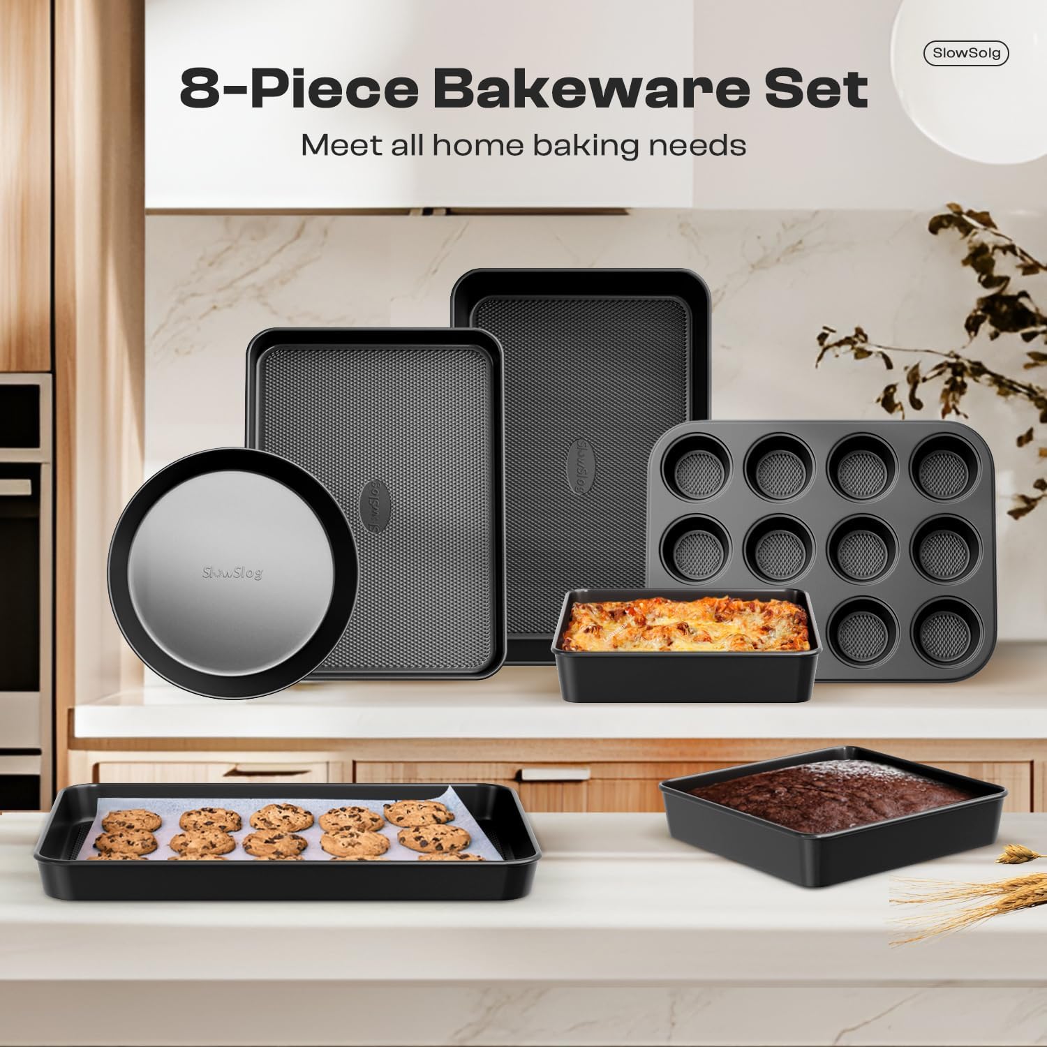 Skiennix 12-Piece Nonstick Bakeware Set - Stackable, Non-Toxic Baking Pans with Utensils & Rack | Black