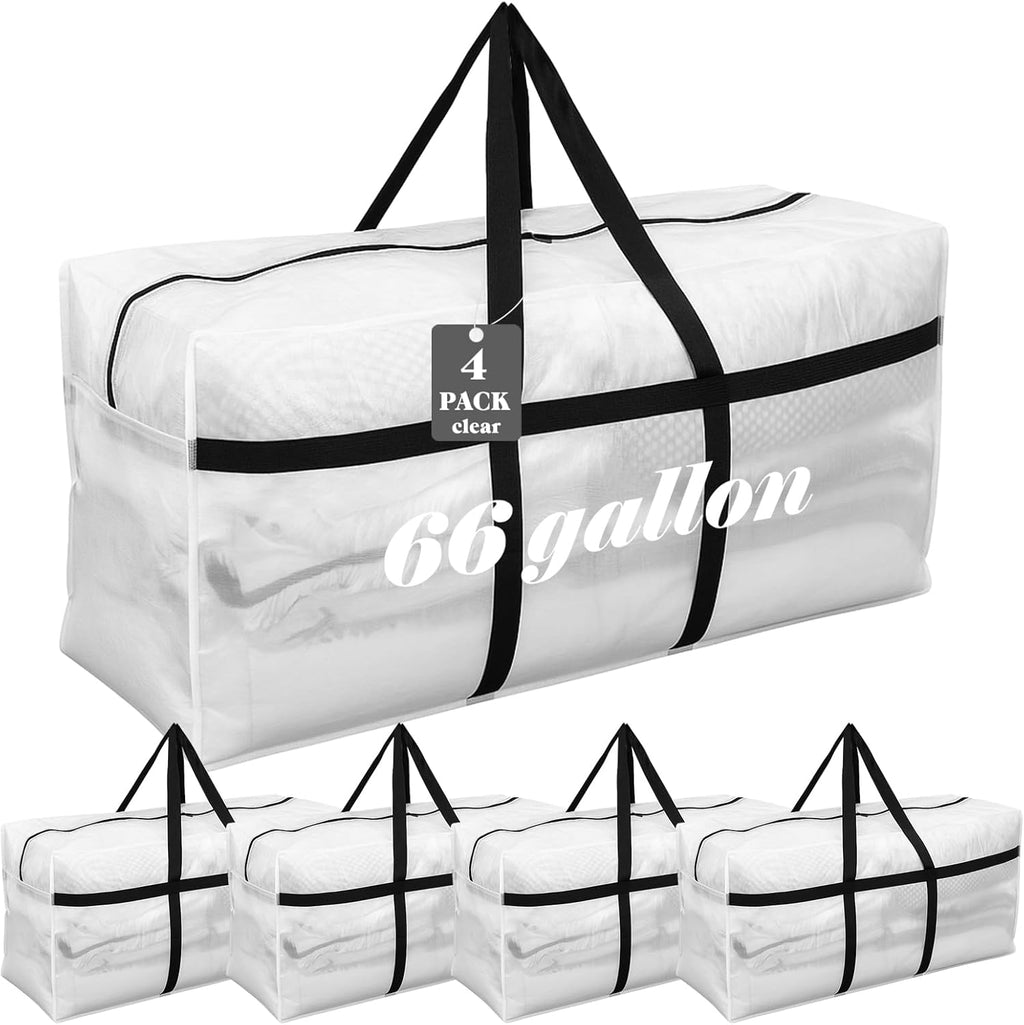 Skiennix 66 Gallon Extra Large Moving Bags - Heavy Duty Storage Tote with Strong Zipper Handle | Foldable Clear Design