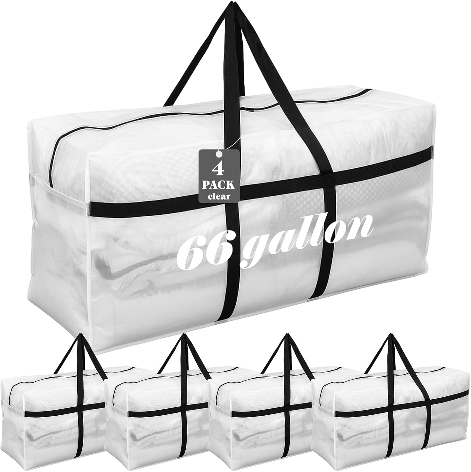 Skiennix 66 Gallon Extra Large Moving Bags - Heavy Duty Storage Tote with Strong Zipper Handle | Foldable Clear Design