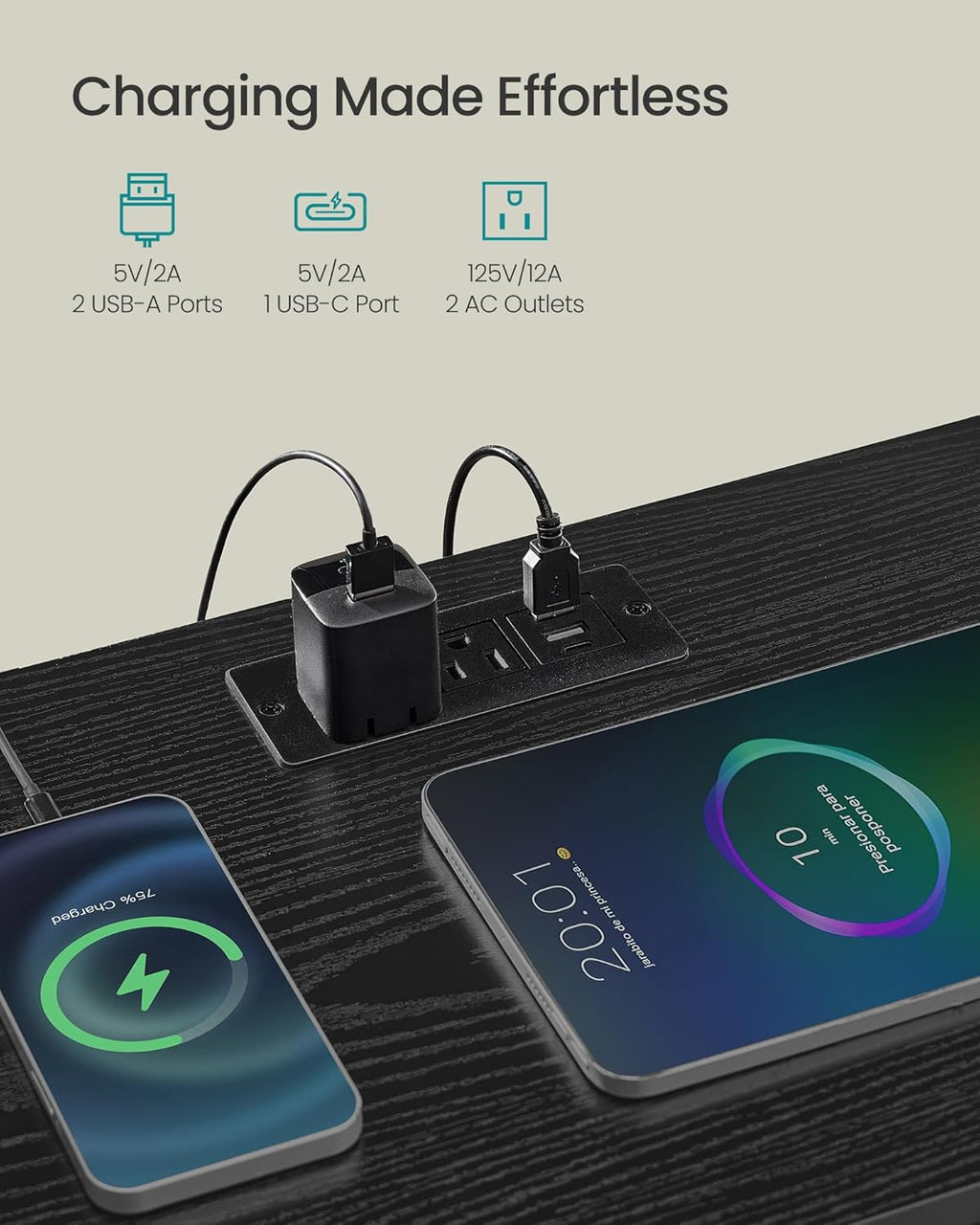 SONGMICS Nightstand with Charging Station - App-Controlled LED Lights, 2 Drawers & Open Shelf, Ink Black & Ebony Black