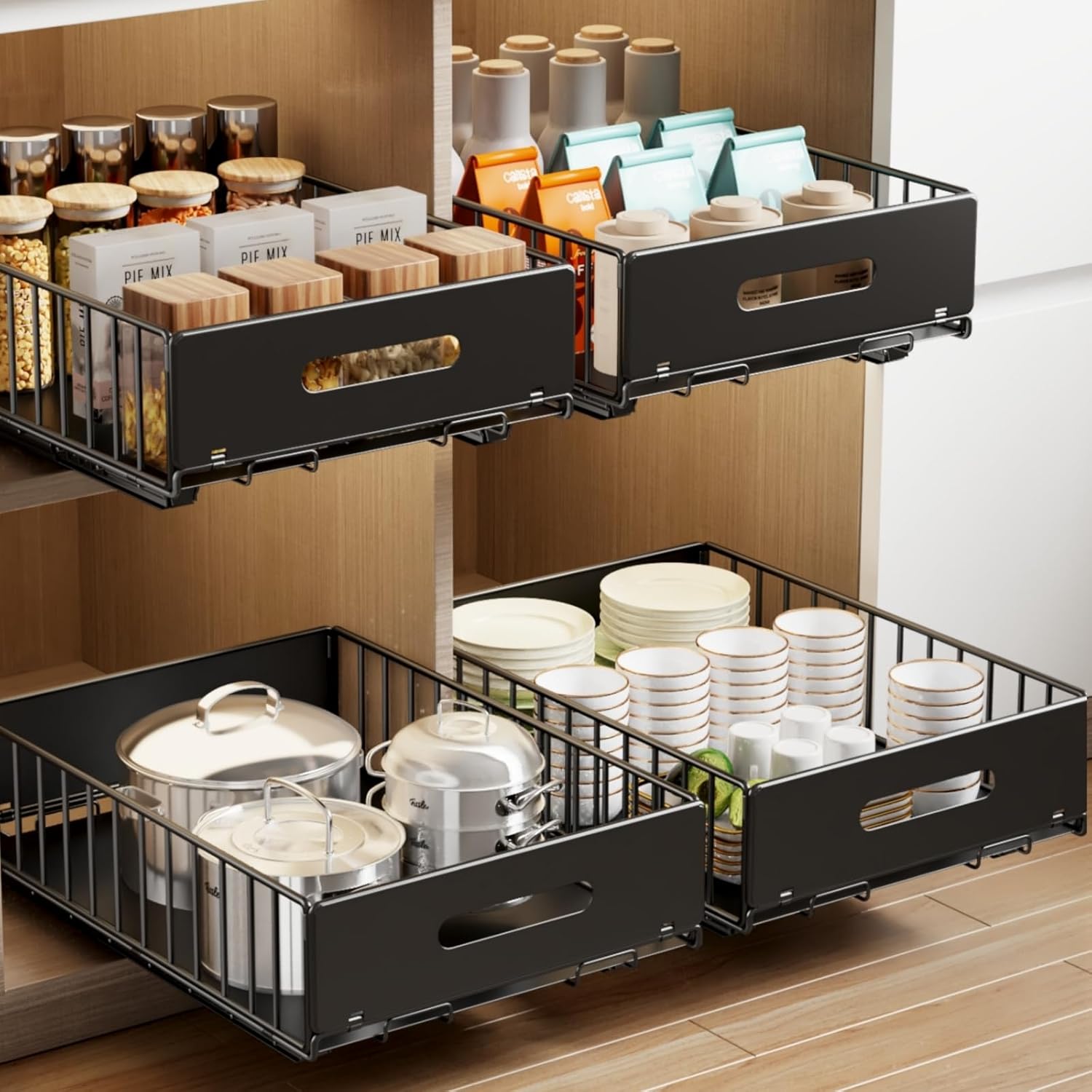 Mustorn Pull Out Cabinet Organizer - Heavy Duty Slide Out Drawers for Kitchen & Bathroom | 16.5"D x 11.8"W x 3.94"H - Black