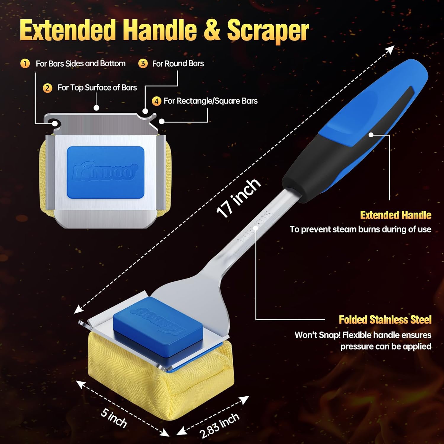 Skiennix Grill Brush - Bristle-Free BBQ Cleaner with Extended Handle & Scraper | Safe for Cast Iron & Stainless Steel Grates - Blue
