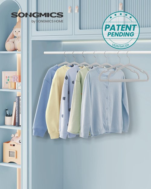SONGMICS Kids Hangers 50 Pack, 14 x 8 Inches, Non-Slip Velvet Baby Hangers for Closet, Space-Saving, Wide Shoulder Notches, Dove Gray UCRF038G01