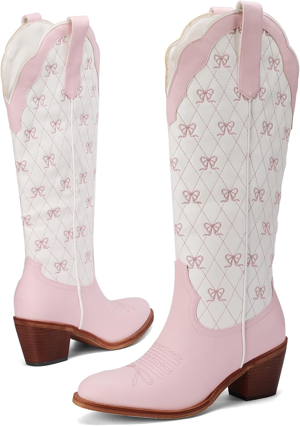 Skiennix Cowboy Boots - Embroidered Knee High Cowgirl Boots with Chunky Heel & Pearl Accent | Dressy Party Style
