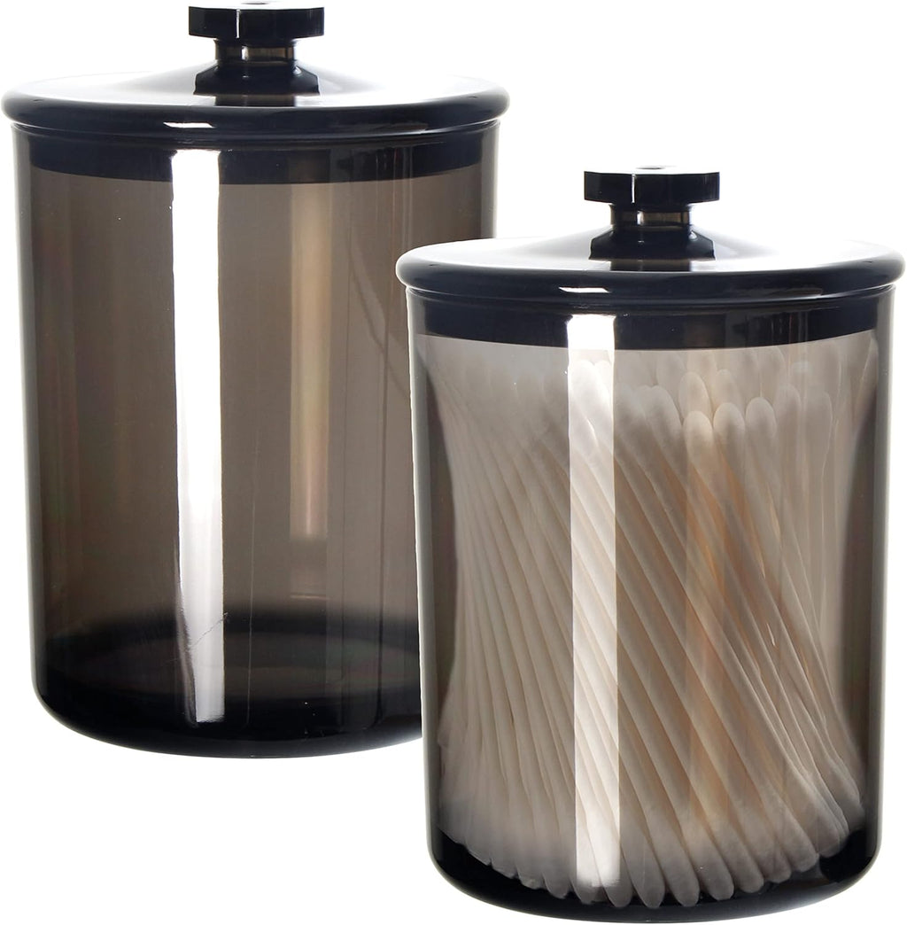 Youngever Apothecary Jars - Black Plastic Qtip & Cotton Swab Holder | Bathroom Vanity Organizer (2 Sets, 15 oz)