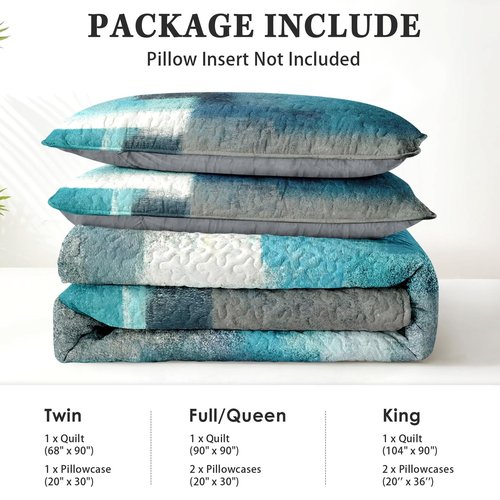 Pamnest Quilt Set Full/Queen Size, Turquoise Grey Painting 3 Pcs Soft Bed Cover Bedding Set for Kids and Adults, Teal Contemporary Gray Lightweight Bedspread Coverlet with Pillow Sham for All Season