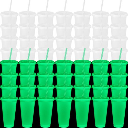 Honeydak 60 Pack 24 oz Glow in The Dark Cups Gift Bulk Light up Neon Plastic Tumbler with Straw and Lid Glow in The Dark Party Supplies Water Bottle Iced Coffee Mug Reusable(Fluorescent Green)