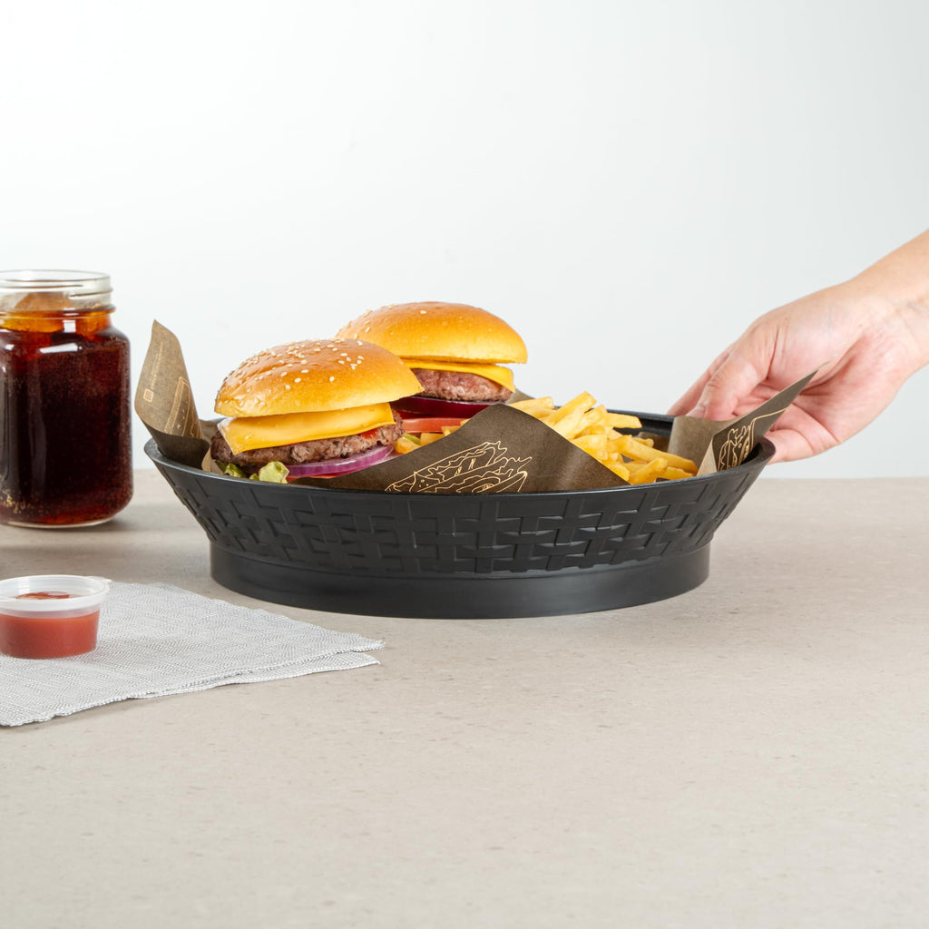 Restaurantware Round Serving Baskets 10 Pack of 12.01 x 2.36 Inch with Base Drainage Slots Microwavable Dishwashable Stackable Plastic Black Food Serving Trays for Restaurants and Catering