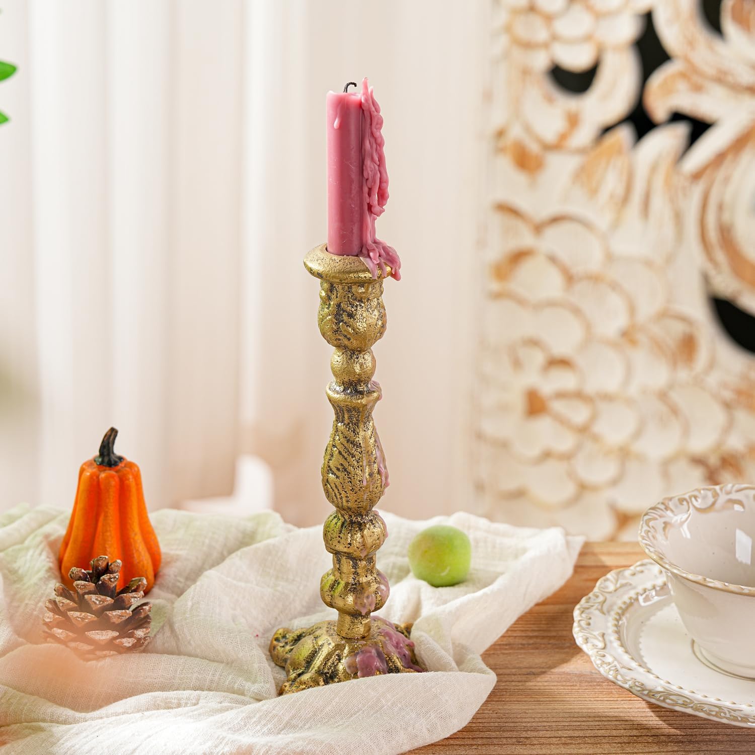 Sungmor Vintage Gold Cast Iron Candle Holder - 8.7" Tall Rustic Taper Stand for Home Décor | Antique-Style Centerpiece