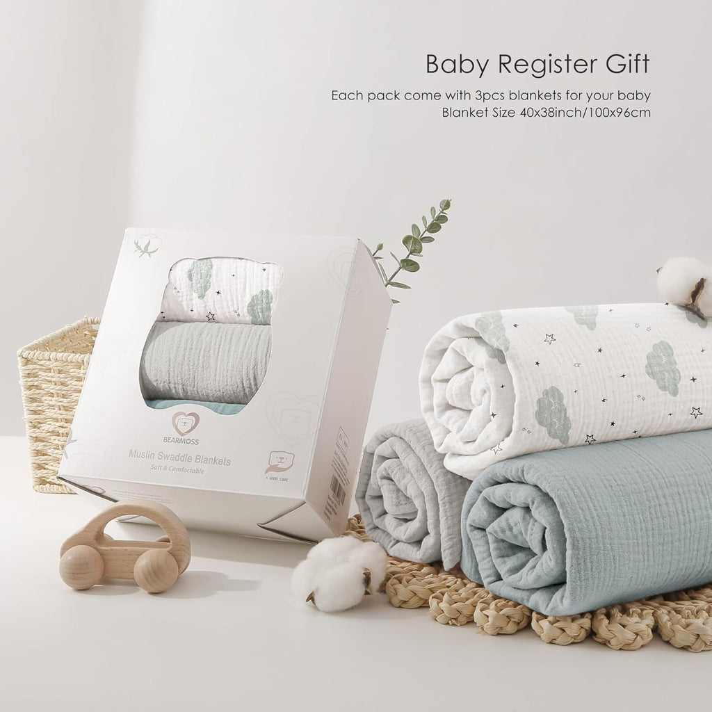 Bearmoss Muslin Swaddle Blankets - Soft & Breathable Baby Blankets | 40 x 38 Inches, 3 Pack (Cloud)