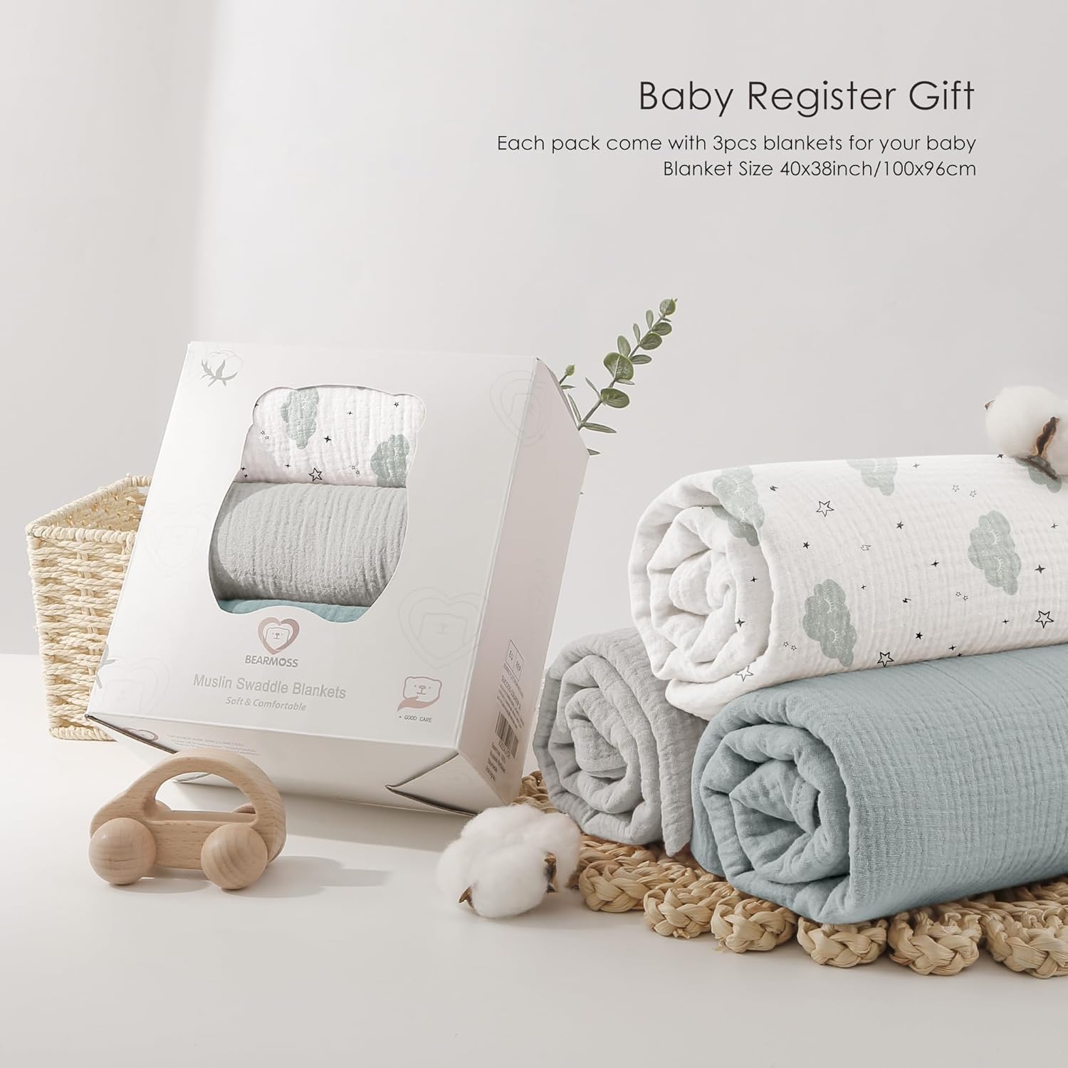 Bearmoss Muslin Swaddle Blankets - Soft & Breathable Baby Blankets | 40 x 38 Inches, 3 Pack (Cloud)