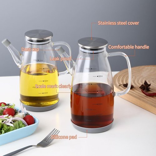 Large Glass Oil Dispenser Bottle - No Drip Olive Oil & Vinegar Cruet with Stainless Steel Lid | 20oz / 600ml Clear