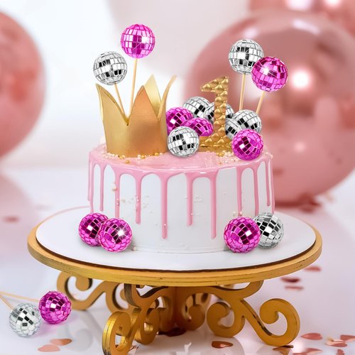 JOERSH 24pcs Disco Ball Cupcake Toppers - 1970s Disco Ball Picks Disco Theme Cake Decorations for Disco Theme Party 70s Disco Party Favor (Pink, Silver)