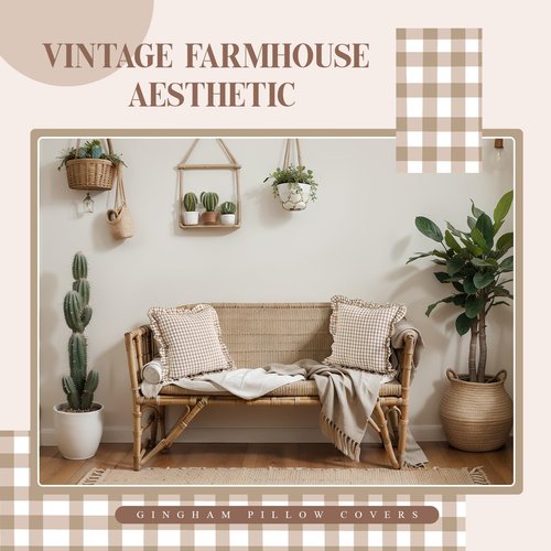 Kathfly 2 Pcs Taupe/White Plaid Ruffle Throw Pillow Covers Farmhouse Checkered 20'' x 20'' Washed Cotton Pillowcases Couch Gingham Pillow Shams for Living Room Bed, No Inserts