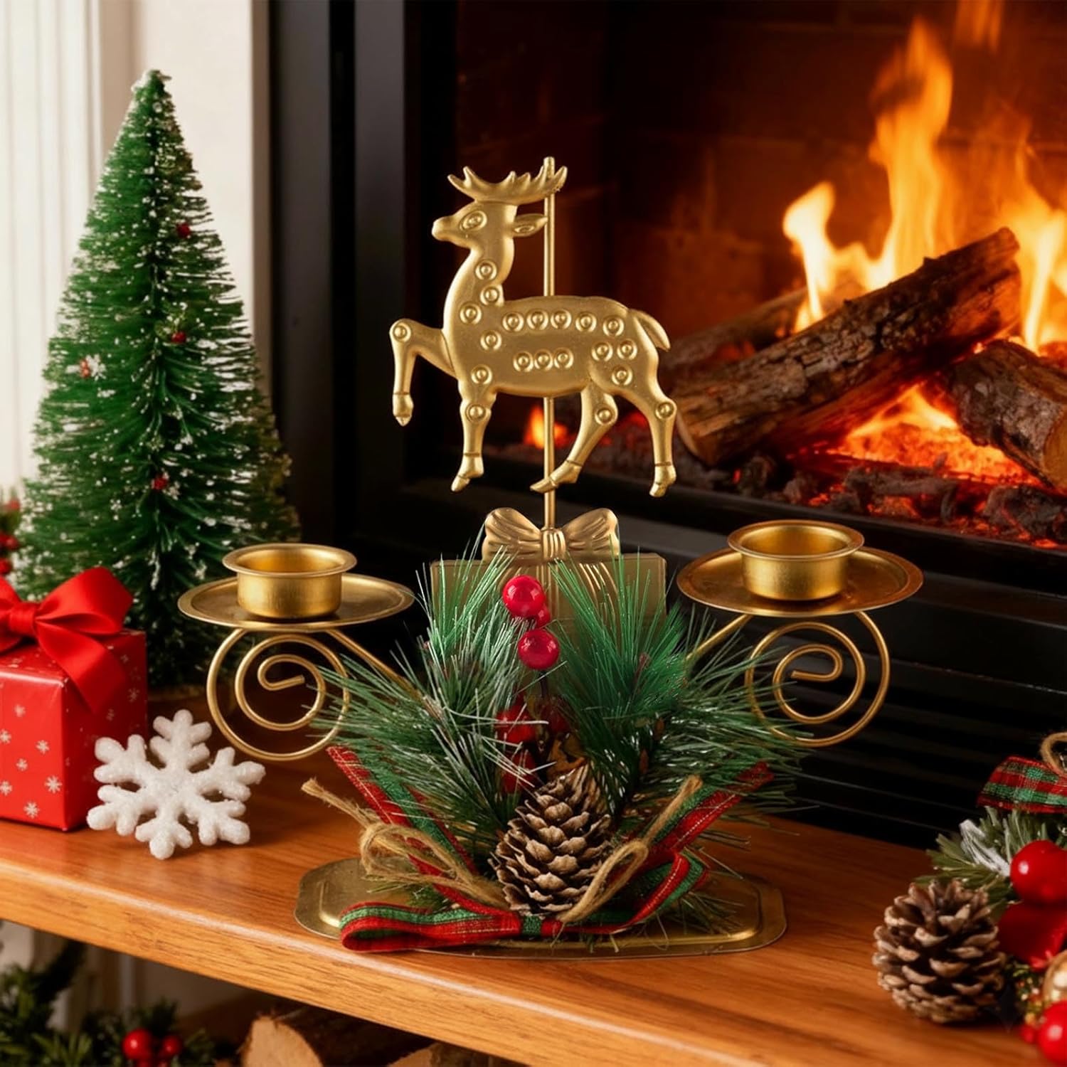 ABTOLS Reindeer Tealight Candle Holders - Festive Elk Design with Red Berry | Gold Candlestick for Christmas Decor