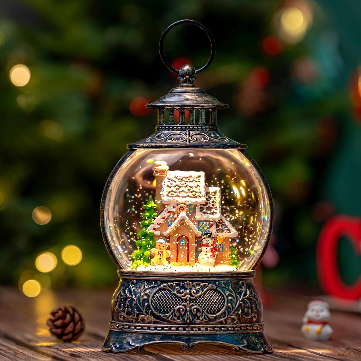 Regine Switzerland Christmas Snow Globe - Gingerbread Man & Snowman Water Lantern with Music & Timer | USB/Battery Operated Holiday Decor