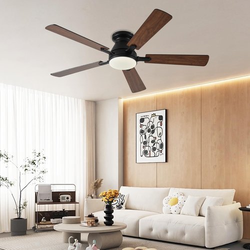Ayaoty 54 inch Ceiling Fans with Lights and Remote, Low Profile Ceiling Fan with Light, Flush Mount, Reversible, 3CCT, Dimmable, Noiseless, Brown Ceiling Fan for Bedroom, Indoor/Outdoor Use