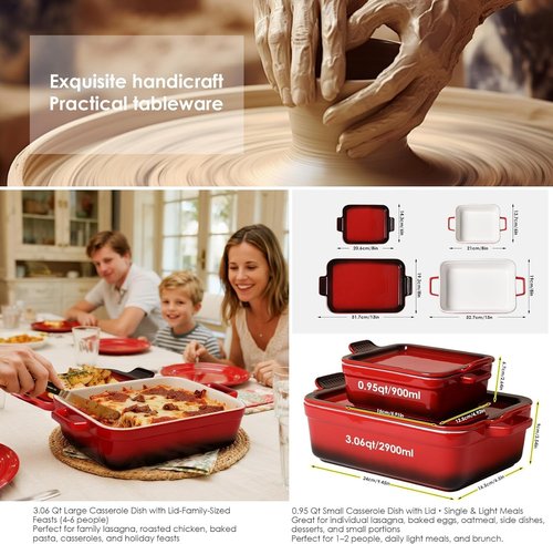 ACMLIFE Ceramic Casserole Dish Set - 4-Piece Oven Bakeware with Lid | Red Stoneware, 3.06 Qt & 0.95 Qt