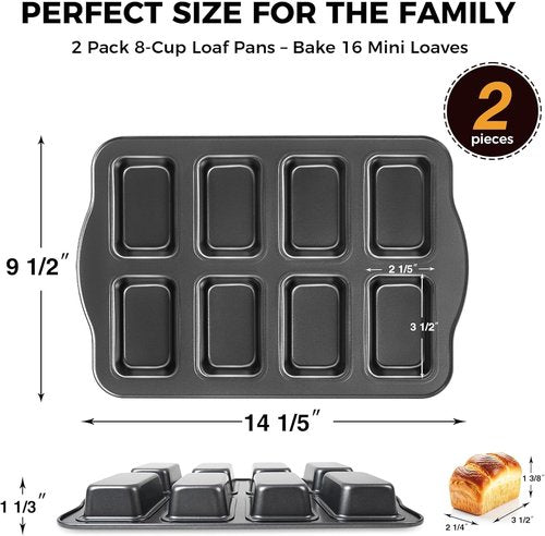 HONGBAKE Mini Loaf Baking Pans - 2 Pack Nonstick 8-Cavity Cornbread & Banana Bread Set | Dark Grey