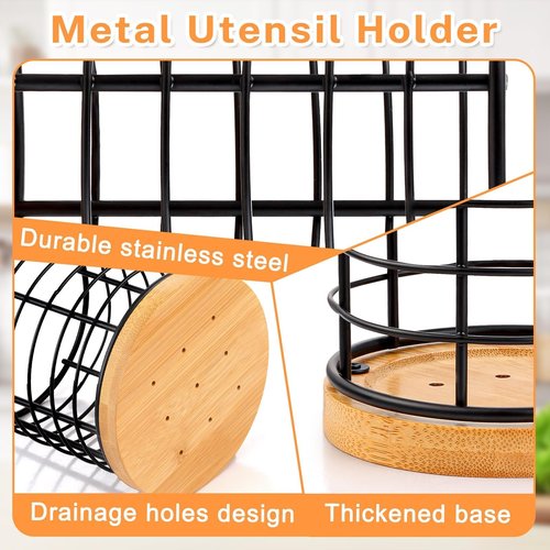 hunnycook 2-Piece Utensil Holders - 5.1*5.1*5.8 and 3.7*3.7*5.8 inches Kitchen Utensil Holders, Metal Black Crocks with Wooden Base, Easy to Drain