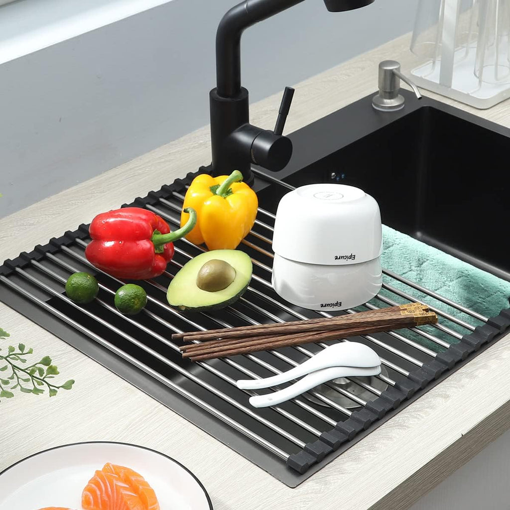 Skiennix Roll-Up Dish Drying Rack - 304 Stainless Steel, Foldable & Space-Saving | 17" x 13.5" - Black