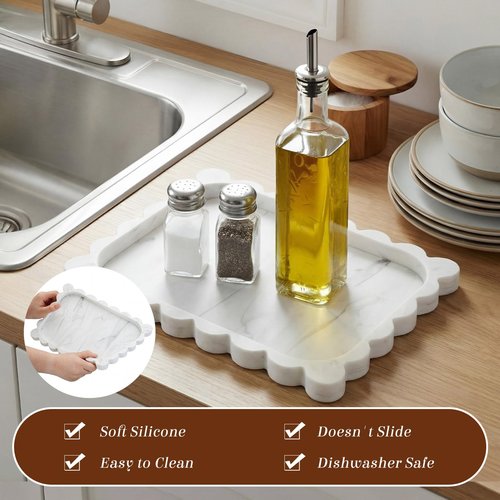 Teecyhooo Silicone Bathroom Tray 11.5 x 8.7 Inch Scalloped Silicone Decorative Tray for Soap Dispenser Bottles, Bathroom, Dresser, Kitchen, Vanity, Home Decor, Marble Texture Design