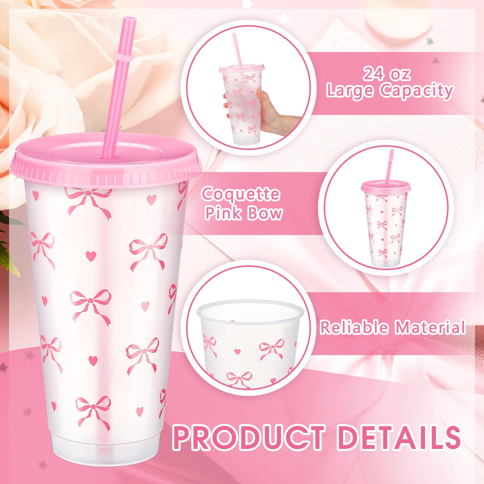 Reallnaive 12 Pcs Pink Bow Plastic Cups with Lids and Straws 24 oz Reusable Coquette Bow Tumbler Aesthetic Drinking Coffee Cup for Women Birthday Wedding Bridal Shower Party Supplies