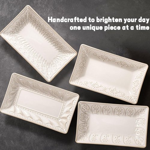 Artena Ceramic Rectangle Plates Set of 4 - Deep Lipped Edges for Appetizers & Desserts | Microwave & Oven Safe (Damask Floral)
