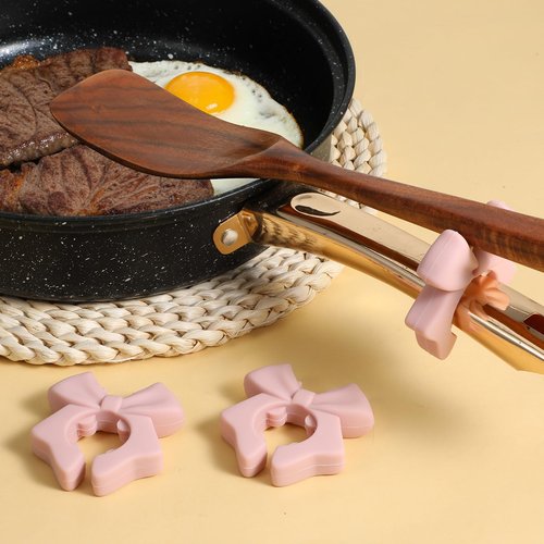 Mabor 3Pcs Spoon Holder for Pot, Bowknot Silicone Spoon Pot Pan Holder, Pink Bow Pots Clip Rest for Cooking, Heat Resistance Non-Slip Cute Stove Top Spatula Holders