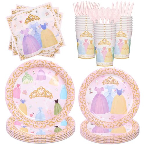 175Pcs Princess Paper Plates Napkins, Princess Themed Birthday Party Decorations Pink Party Supplies Disposable Dinnerware Set Plate, Utensils, Cup, Napkin, Tableware Set, Serve 25 Guests