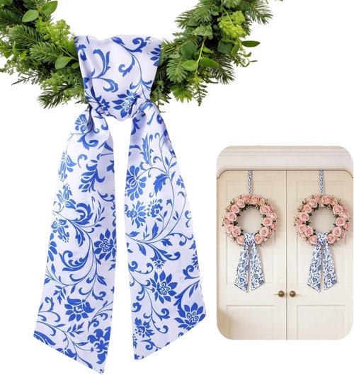 AZYM Wreath Sash Set - Elegant Blue Floral Ribbon for Indoor/Outdoor Door Decor | 2 Pcs