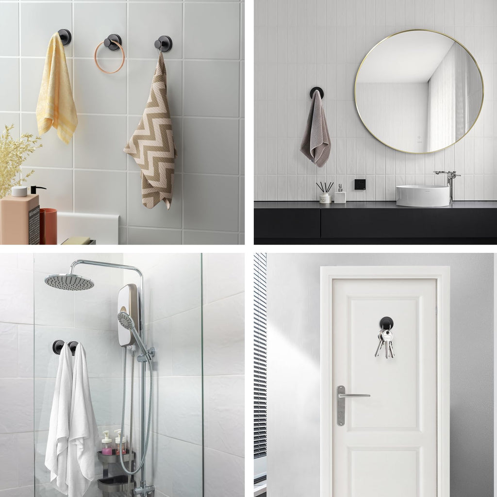 Suction Cup Hooks for Bathroom Kitchen, 2 Pack Stainless Steel Suction Hooks for Shower No Drilling Damage Free Towel Hook Holders Reusable Removable for Hanging Towels, Loofah, Robe, Coat(Black)