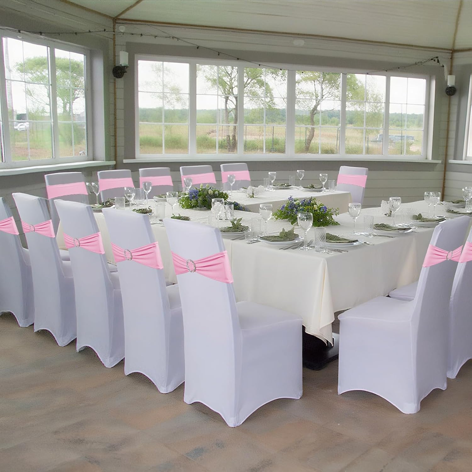 Skiennix 150-Pack Spandex Stretch Chair Sashes - Elastic Covers with Buckle Slider for Weddings & Events | Pink