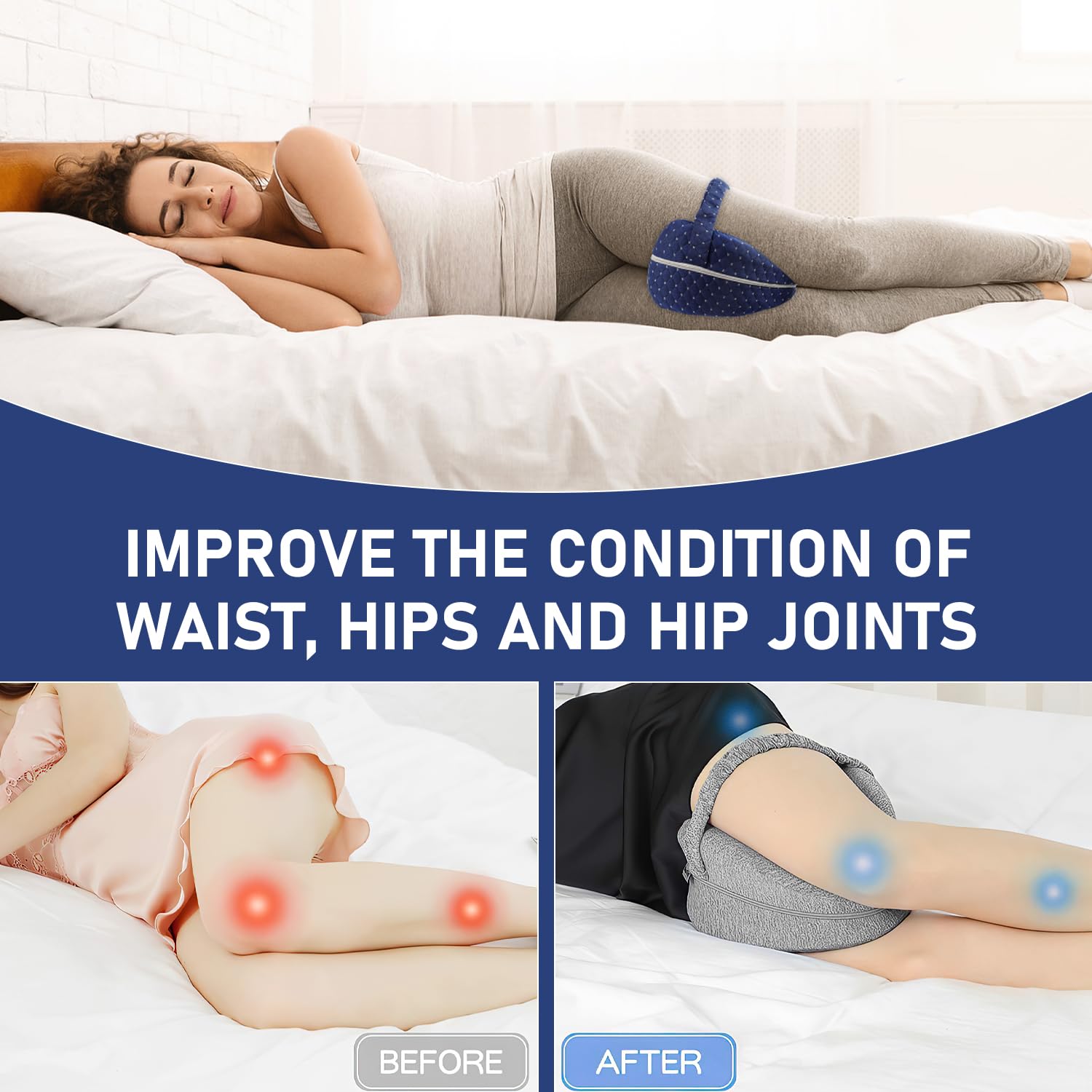 Alignment Pillows for Side Sleepers,Hip Alignment Pillow, Memory Foam Leg & Knee Pillow,Foam Support Pillow Soothing Relief for HIPS, Knees, Joints, Nerves & Muscles,Adjustable Strap (Grid Blue)