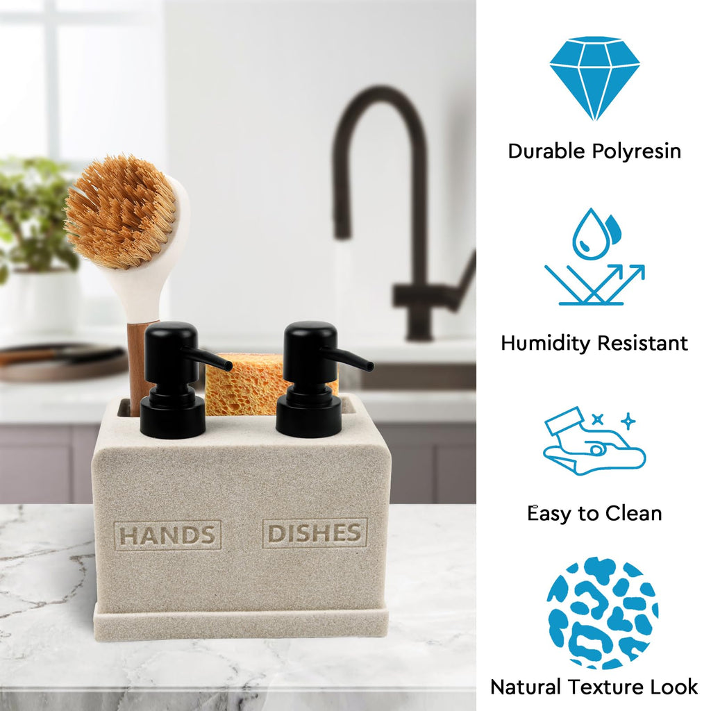 Hand and Dish Soap Dispenser Set for Kitchen Sink,Dual Soap Dispenser with Sponge Caddy and Brush Holder 4-in-1 Countertop Organizer for Kitchen Bathroom,Useful Kitchen Gadgets-Beige