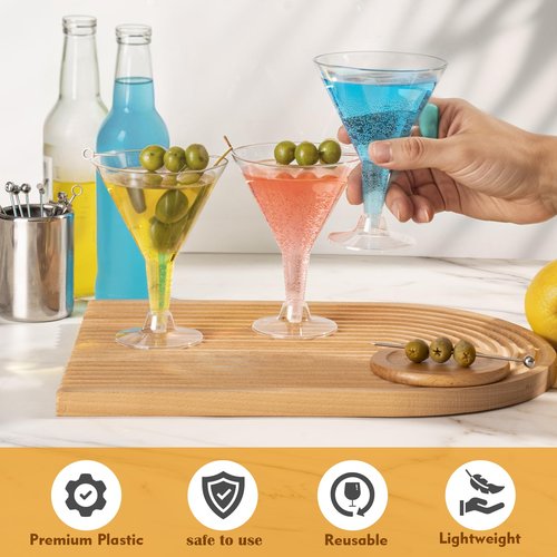 Plastic Martini Glasses Disposable 50 Pack, 6.32 oz Cocktail Cups Bulk for Parties, Poolside, Wedding, Drinking, Desserts, Appetizers, A Tini Bit Older Birthday, Outdoor - Clear with Detachable Stem