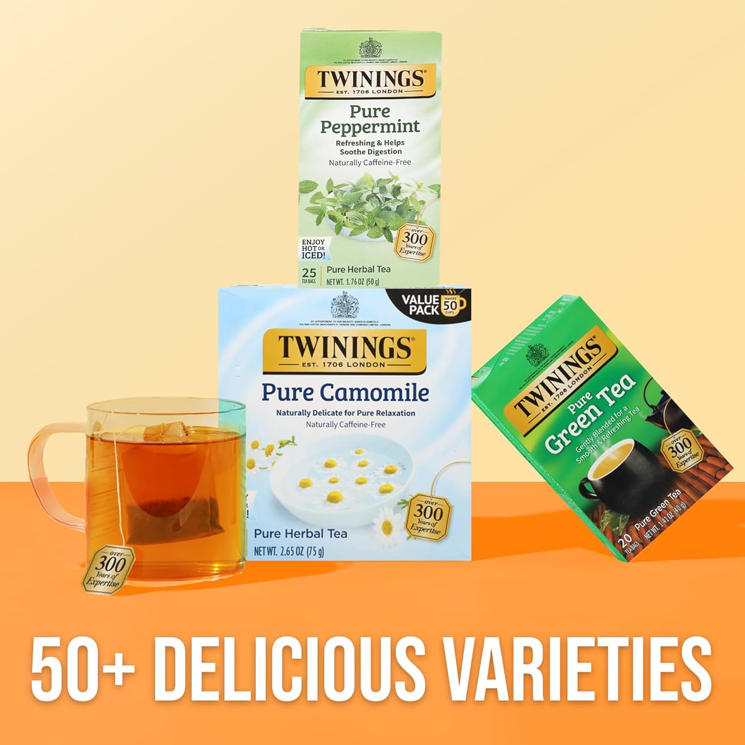 Twinings Pure Peppermint Herbal Tea - Individually Wrapped Bags, 25 Count | Caffeine-Free, Fresh Minty Flavor
