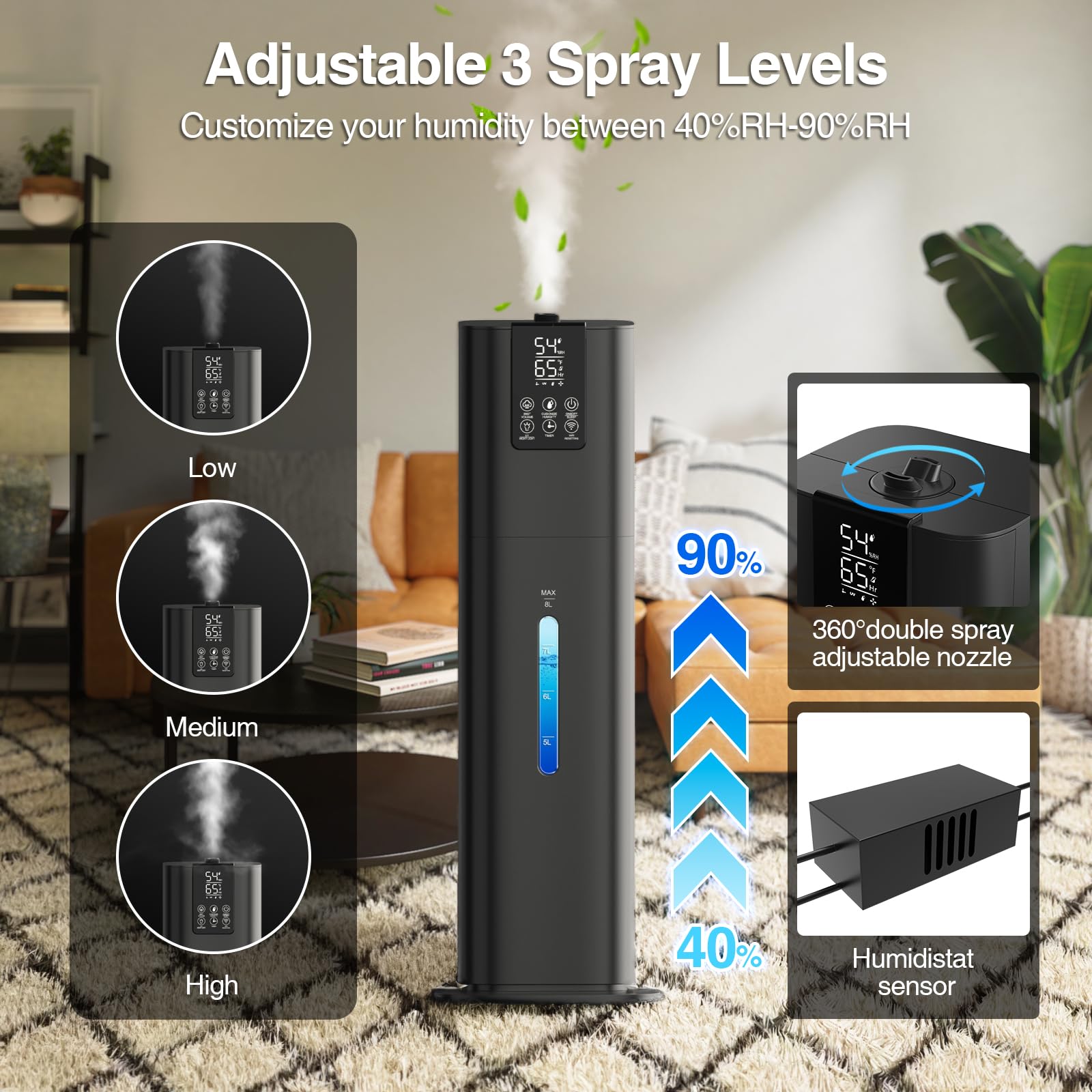 Smart Humidifiers Large Room Bedroom Home, 2.11Gal(8L) Quiet Top Fill Cool Mist Humidifier, Smart App & Remote Control, 3 Speed Humidifier with 360° Nozzle, Humidity Setting for Baby Office(Blue)