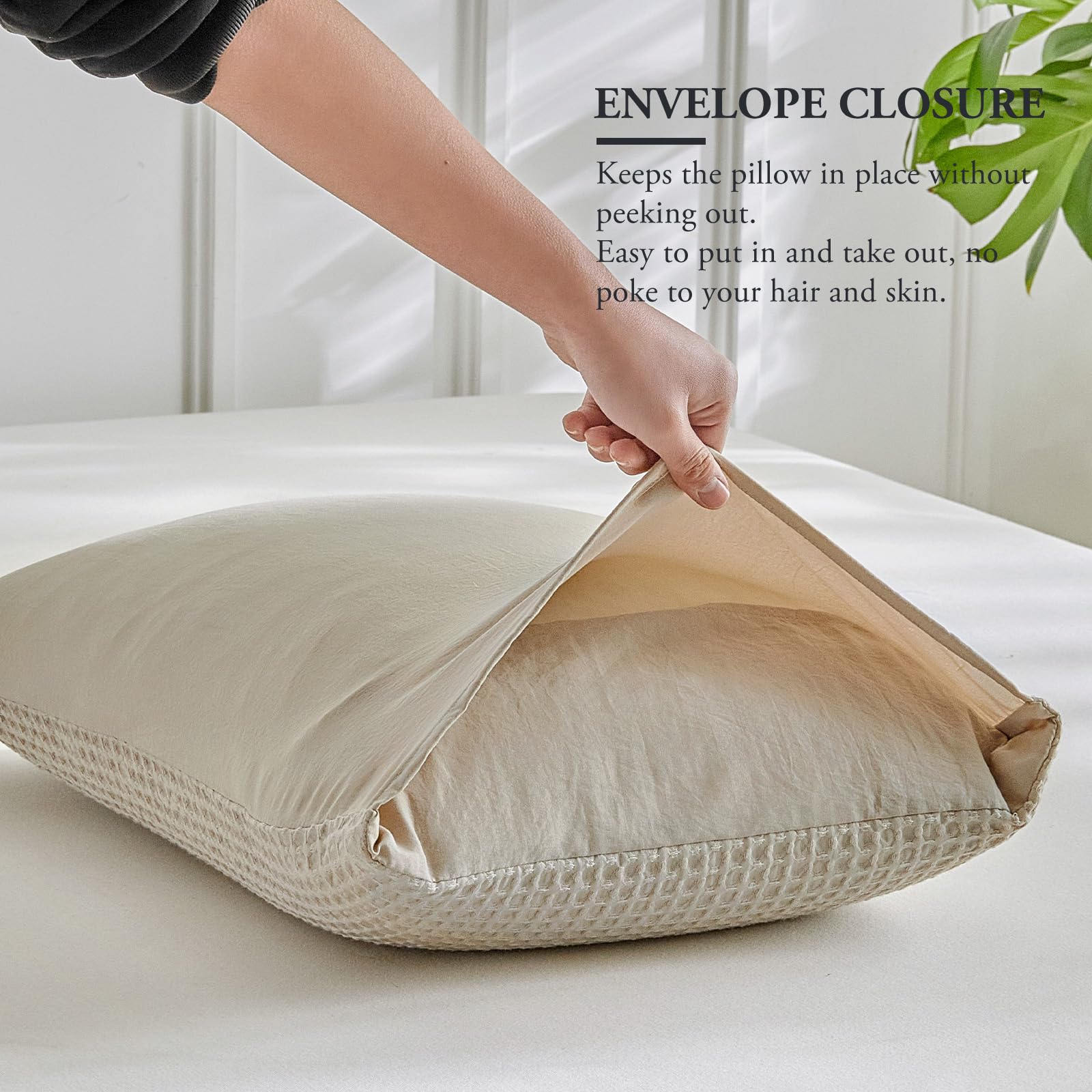 WARMDERN Waffle Weave Pillowcases Standard Size 2 Pack Pillow Cases Soft Microfiber Pillow Case Covers Set of 2 Boho Woven Textured Pillowcase with Envelope Closure(Khaki, Standard, 20x26 Inches)