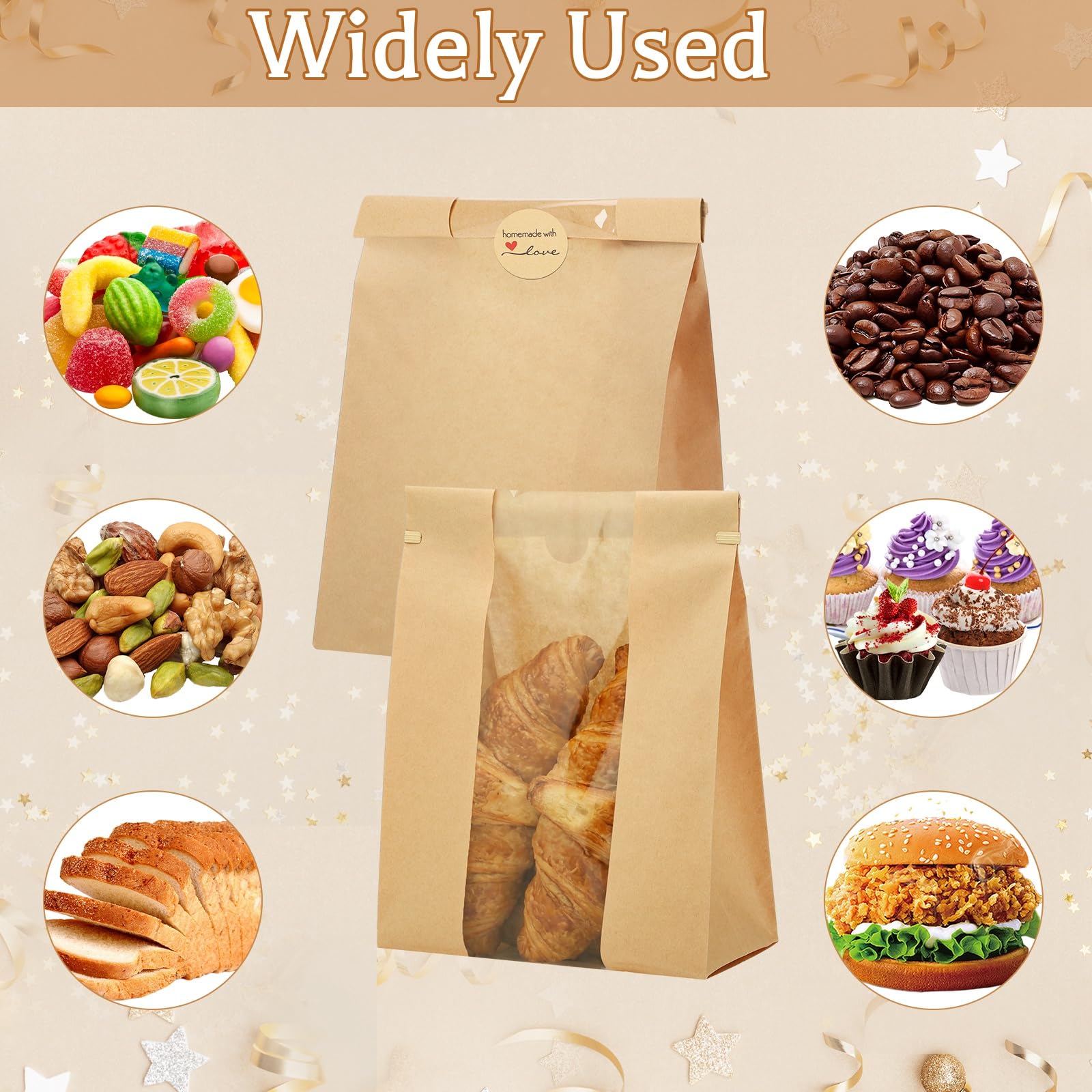 130 Pcs Paper Bread Bags with Window, 16x10.2x5in Sourdough Bread Bags for Homemade Bread, Large Bakery Bag with 160 Stickers for Easter Baked Storage