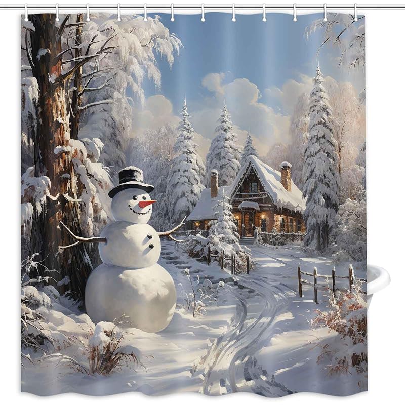 Christmas Snowman Shower Curtain Grey - 71 x 71 in Waterproof Polyester Bath Decor